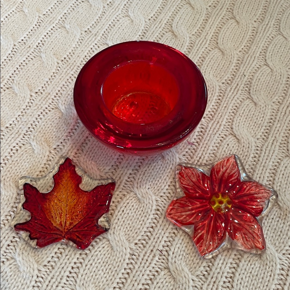Red Glass Votive/tea light Candle Holder and Pressed glass poinsettia/leaf